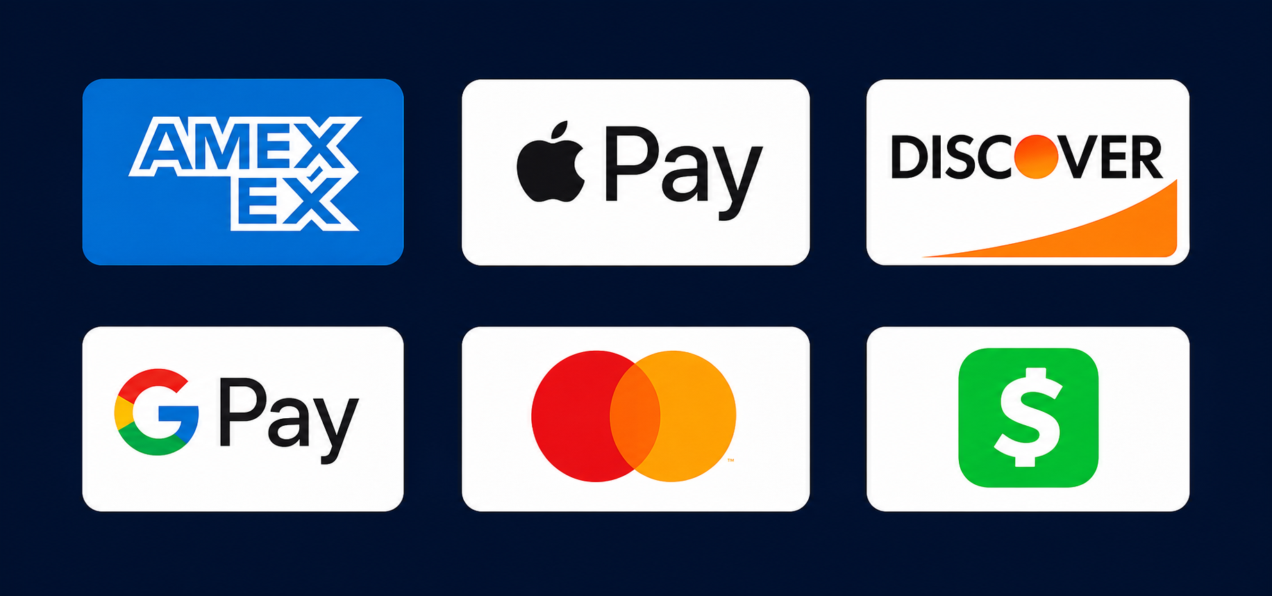 Accepted payment methods: American Express, Apple Pay, Discover, Google Pay, Mastercard, and Cash App